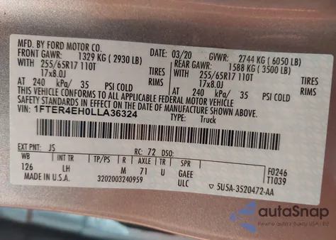 2020 Ford Ranger Xlt из США, поврежденный, VIN 1FTER4EH0LLA36324